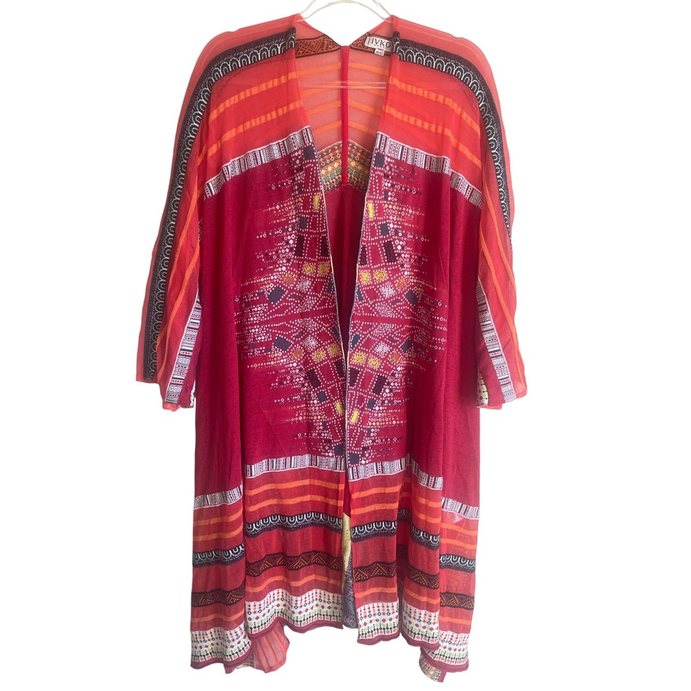 IVKO Geometricā Pattern Long Cardigan Womens 40/42 Red Sheer Knit Duster